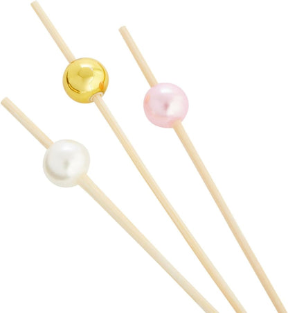Bamboo Pearl Toothpicks - 4.7 in, 150 Count, White, Pink & Gold - Skewers for Appetizers & Mimosa Bar Supplies - Party & Catering Supplies