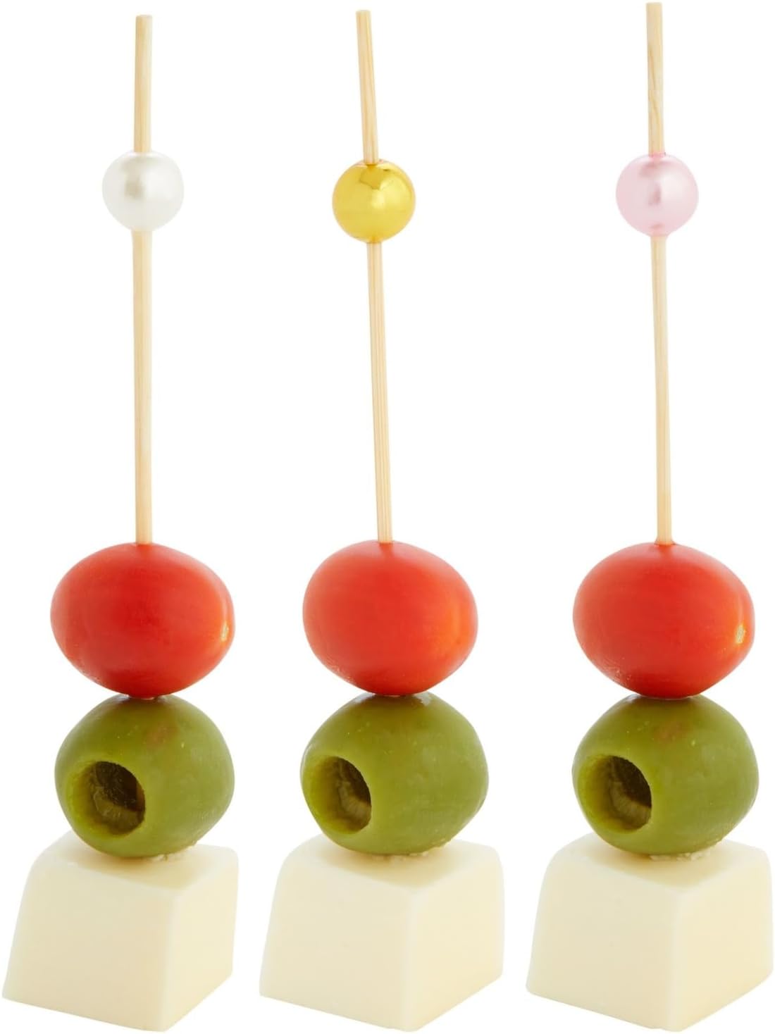 Bamboo Pearl Toothpicks - 4.7 in, 150 Count, White, Pink & Gold - Skewers for Appetizers & Mimosa Bar Supplies - Party & Catering Supplies