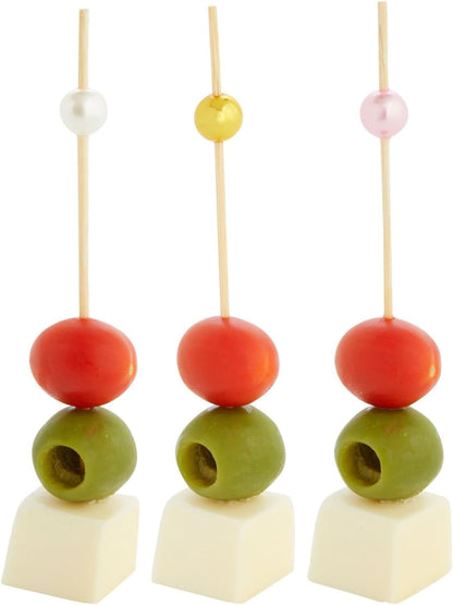 Bamboo Pearl Toothpicks - 4.7 in, 150 Count, White, Pink & Gold - Skewers for Appetizers & Mimosa Bar Supplies - Party & Catering Supplies