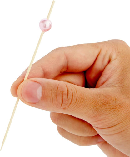 Bamboo Pearl Toothpicks - 4.7 in, 150 Count, White, Pink & Gold - Skewers for Appetizers & Mimosa Bar Supplies - Party & Catering Supplies