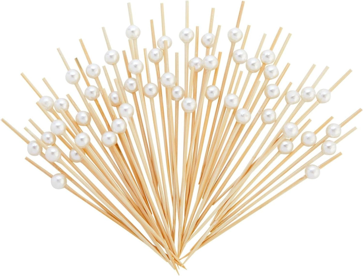Bamboo Pearl Toothpicks - 4.7 in, 150 Count, White, Pink & Gold - Skewers for Appetizers & Mimosa Bar Supplies - Party & Catering Supplies
