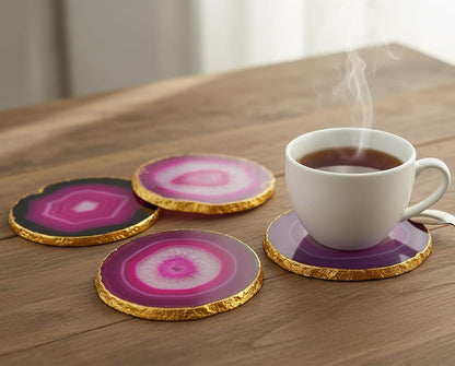 Natural Agate Coasters Bar Beer Coffee Tea Coaster - Set of 4 Coasters - Perfect Table Accessories Tableware (Blue) (Pink)