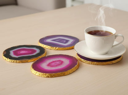 Natural Agate Coasters Bar Beer Coffee Tea Coaster - Set of 4 Coasters - Perfect Table Accessories Tableware (Blue) (Pink)