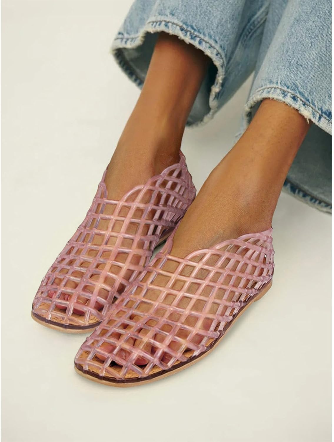 Jelly Mesh Ballet Flats for Women Fishnet PVC Clear Hollow Jellies Sandals Comfortable Beach Ballerina Flats Shoes