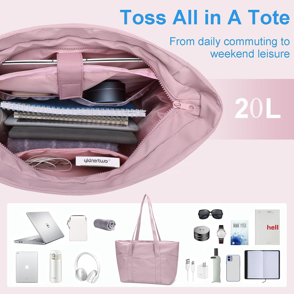Large Tote Bag for Women with Zipper, Nylon Lightweight Work Tote with 15.6" Laptop Sleeve, Nurse Bag for Work College