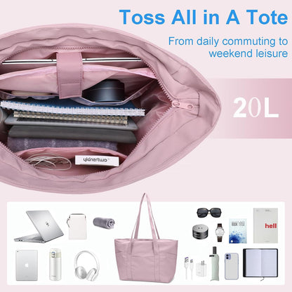 Large Tote Bag for Women with Zipper, Nylon Lightweight Work Tote with 15.6" Laptop Sleeve, Nurse Bag for Work College