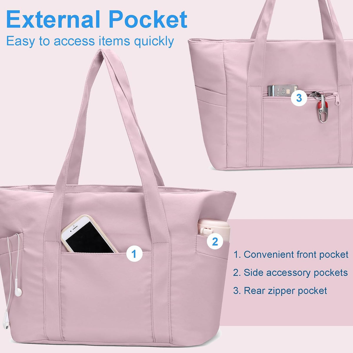 Large Tote Bag for Women with Zipper, Nylon Lightweight Work Tote with 15.6" Laptop Sleeve, Nurse Bag for Work College