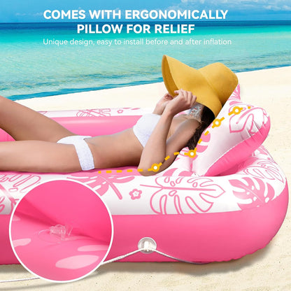 Inflatable Tanning Pool Lounger Float with Cervical Pillow - Pool Floats Adult for Sunbathing, Backyard, Pool Party - Inflate Ball Pit for Babies - Kids Swimming Pool Bed