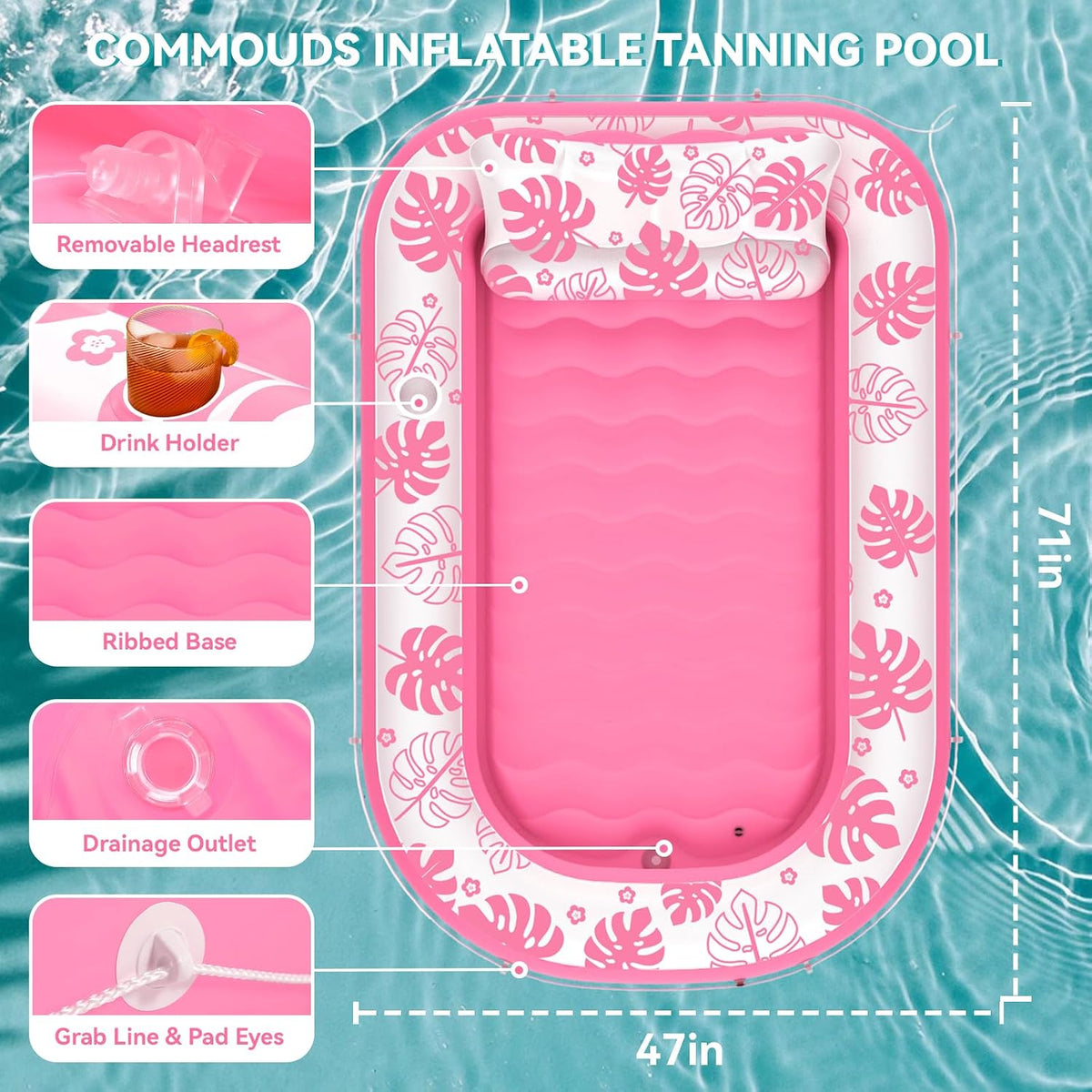 Inflatable Tanning Pool Lounger Float with Cervical Pillow - Pool Floats Adult for Sunbathing, Backyard, Pool Party - Inflate Ball Pit for Babies - Kids Swimming Pool Bed