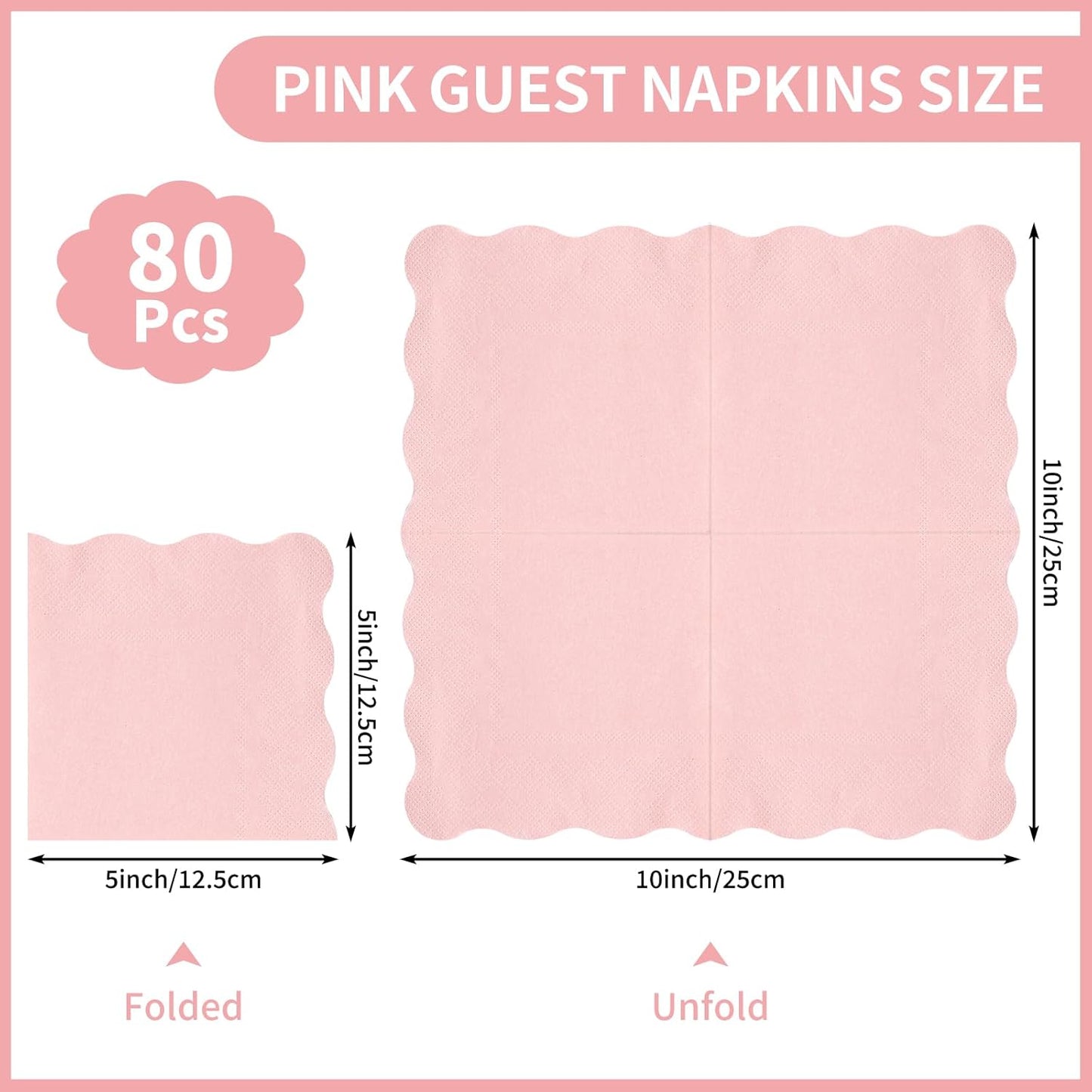 80 Pcs Cocktail Napkins, 5 x 5 Inch Scalloped Paper Napkin | Disposable Wavy Napkins Scalloped Dessert Beverage Napkin Pink Party Napkin for Wedding, Bridal Baby Shower, Birthday