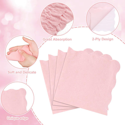80 Pcs Cocktail Napkins, 5 x 5 Inch Scalloped Paper Napkin | Disposable Wavy Napkins Scalloped Dessert Beverage Napkin Pink Party Napkin for Wedding, Bridal Baby Shower, Birthday