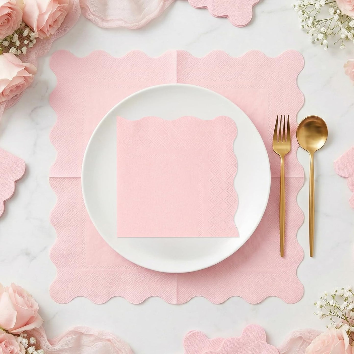 80 Pcs Cocktail Napkins, 5 x 5 Inch Scalloped Paper Napkin | Disposable Wavy Napkins Scalloped Dessert Beverage Napkin Pink Party Napkin for Wedding, Bridal Baby Shower, Birthday