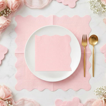 80 Pcs Cocktail Napkins, 5 x 5 Inch Scalloped Paper Napkin | Disposable Wavy Napkins Scalloped Dessert Beverage Napkin Pink Party Napkin for Wedding, Bridal Baby Shower, Birthday