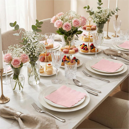 80 Pcs Cocktail Napkins, 5 x 5 Inch Scalloped Paper Napkin | Disposable Wavy Napkins Scalloped Dessert Beverage Napkin Pink Party Napkin for Wedding, Bridal Baby Shower, Birthday