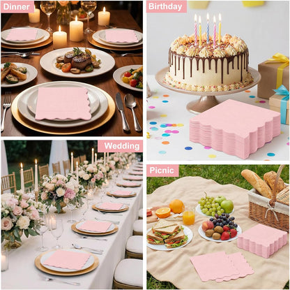 80 Pcs Cocktail Napkins, 5 x 5 Inch Scalloped Paper Napkin | Disposable Wavy Napkins Scalloped Dessert Beverage Napkin Pink Party Napkin for Wedding, Bridal Baby Shower, Birthday