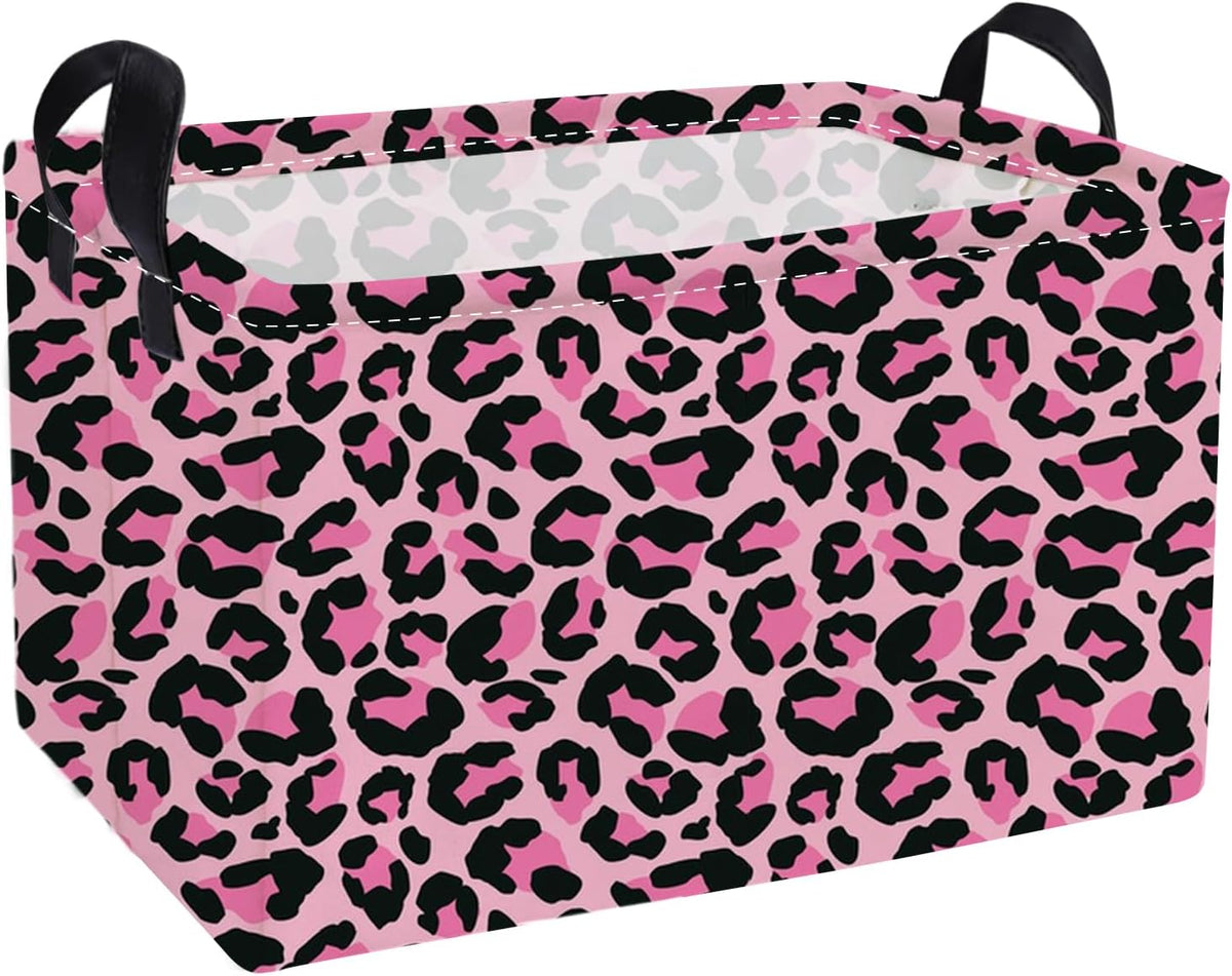Rectangular Baskets,Pink Storage Basket with Handles for Room Decor, Leopard Print Box,Cute Storage Bin（Pink leopard print）