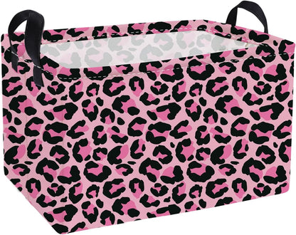 Rectangular Baskets,Pink Storage Basket with Handles for Room Decor, Leopard Print Box,Cute Storage Bin（Pink leopard print）