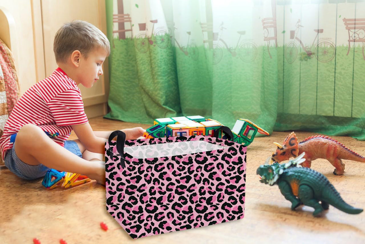 Rectangular Baskets,Pink Storage Basket with Handles for Room Decor, Leopard Print Box,Cute Storage Bin（Pink leopard print）