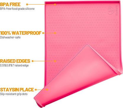 Dog Feeding Mat,100% Waterproof Food Grade Silicone Pet Food and Water Bowl Placemat,Dishwasher, High Raised Edge to Prevent Spills,Nonslip Tray to Stop Messes on Floor (19"x12"x0.5", Pink)