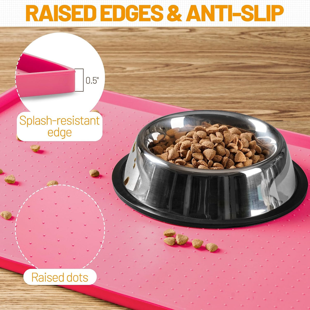 Dog Feeding Mat,100% Waterproof Food Grade Silicone Pet Food and Water Bowl Placemat,Dishwasher, High Raised Edge to Prevent Spills,Nonslip Tray to Stop Messes on Floor (19"x12"x0.5", Pink)