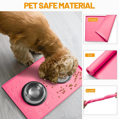 Dog Feeding Mat,100% Waterproof Food Grade Silicone Pet Food and Water Bowl Placemat,Dishwasher, High Raised Edge to Prevent Spills,Nonslip Tray to Stop Messes on Floor (19"x12"x0.5", Pink)