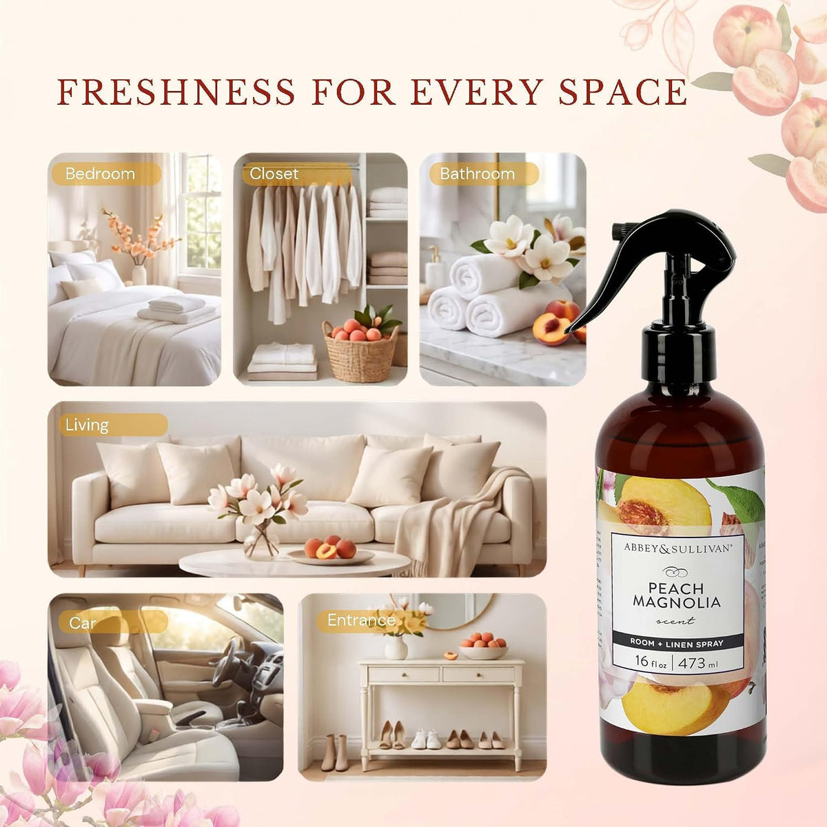 Linen Spray, Peach Magnolia, Fabric Freshener and Fragrance Room Spray, Pack of 2, 16 oz