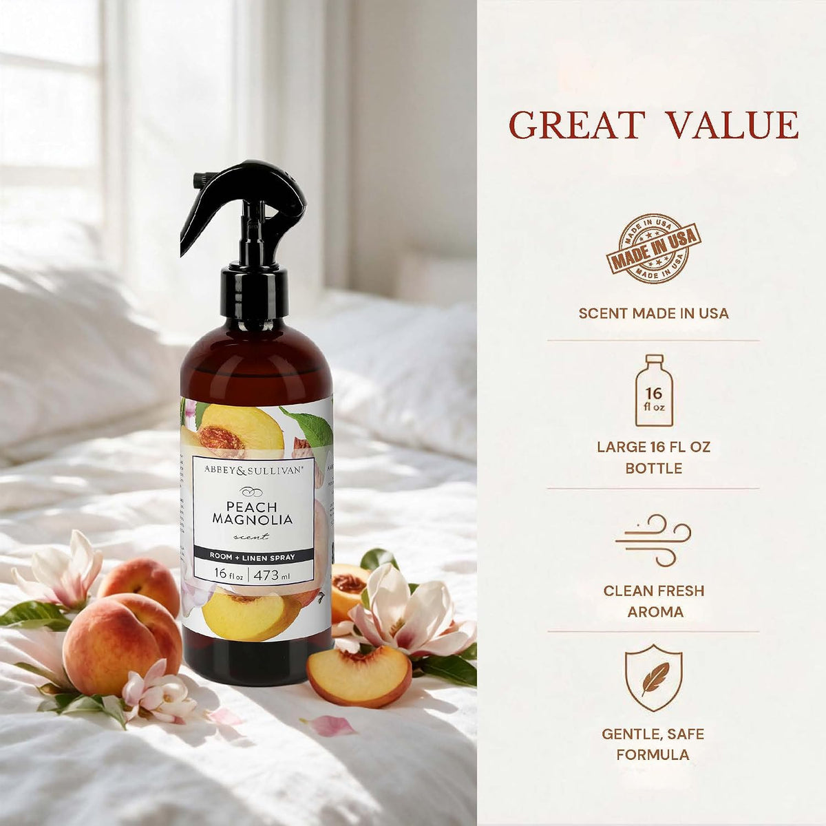 Linen Spray, Peach Magnolia, Fabric Freshener and Fragrance Room Spray, Pack of 2, 16 oz