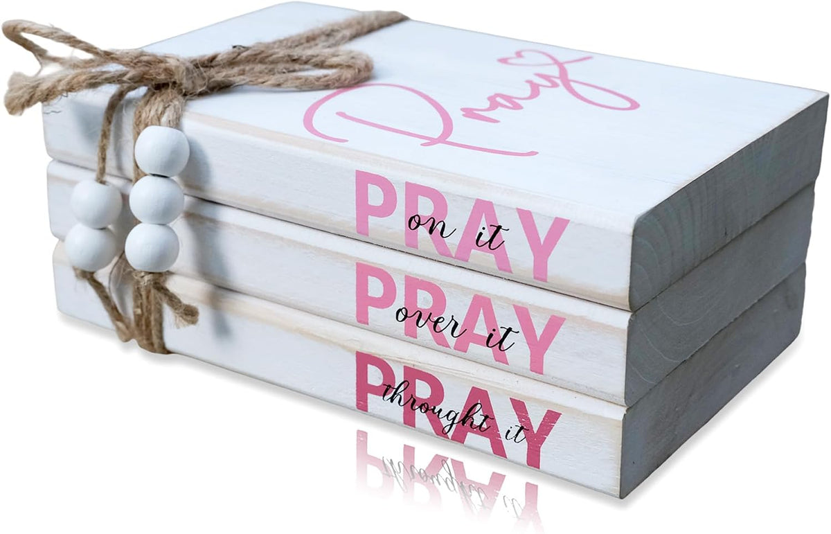 Pink Wood Book Stack Pray Christian Home Decor for Women - Wooden Block Sign Table Decoration - Inspiration Prayer Office Decor Religious Gift
