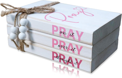 Pink Wood Book Stack Pray Christian Home Decor for Women - Wooden Block Sign Table Decoration - Inspiration Prayer Office Decor Religious Gift