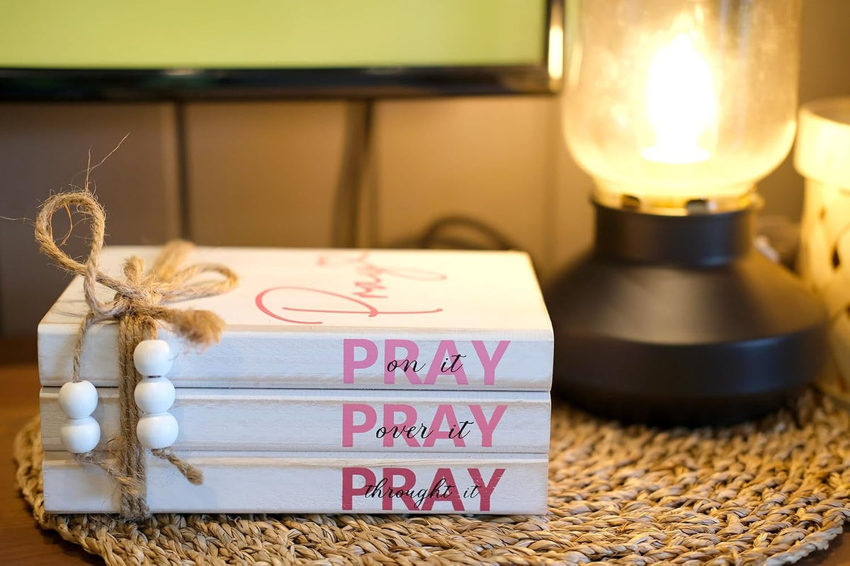 Pink Wood Book Stack Pray Christian Home Decor for Women - Wooden Block Sign Table Decoration - Inspiration Prayer Office Decor Religious Gift