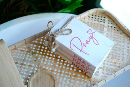 Pink Wood Book Stack Pray Christian Home Decor for Women - Wooden Block Sign Table Decoration - Inspiration Prayer Office Decor Religious Gift