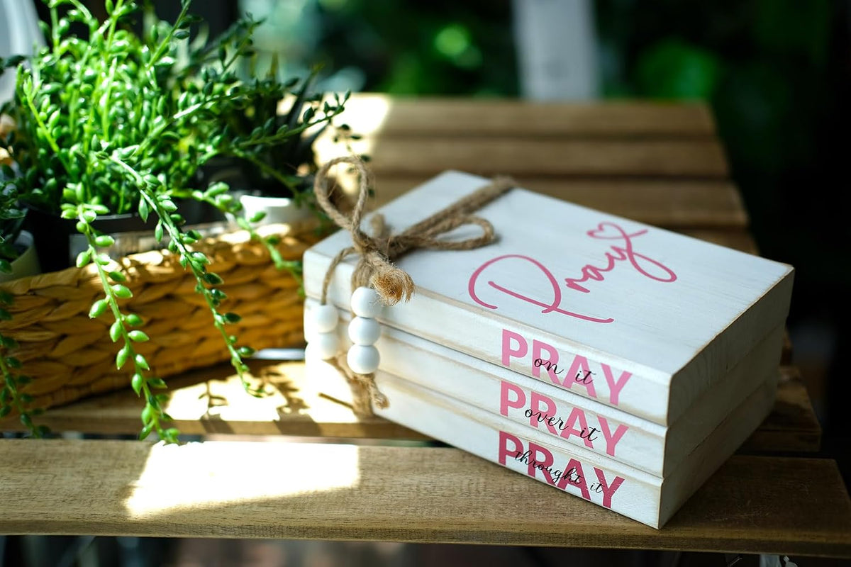 Pink Wood Book Stack Pray Christian Home Decor for Women - Wooden Block Sign Table Decoration - Inspiration Prayer Office Decor Religious Gift