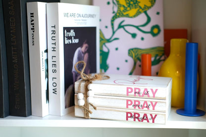 Pink Wood Book Stack Pray Christian Home Decor for Women - Wooden Block Sign Table Decoration - Inspiration Prayer Office Decor Religious Gift