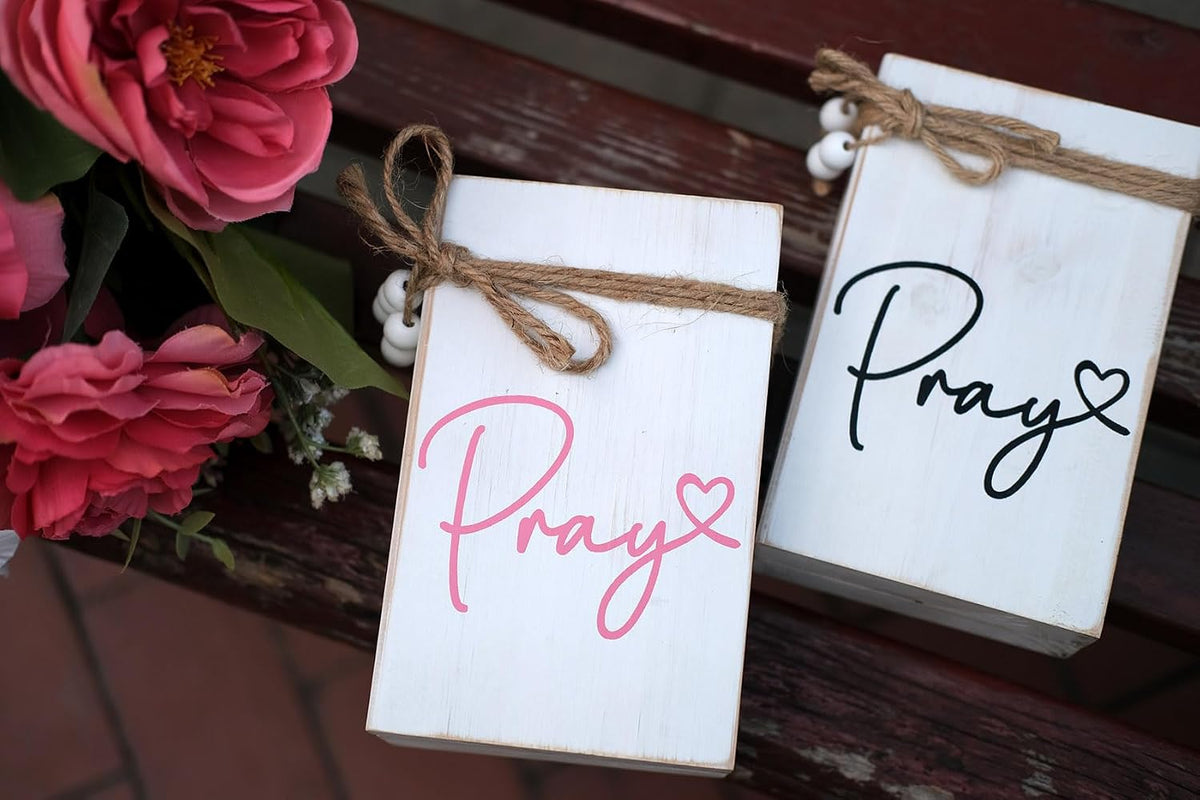 Pink Wood Book Stack Pray Christian Home Decor for Women - Wooden Block Sign Table Decoration - Inspiration Prayer Office Decor Religious Gift