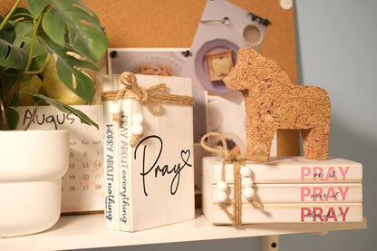 Pink Wood Book Stack Pray Christian Home Decor for Women - Wooden Block Sign Table Decoration - Inspiration Prayer Office Decor Religious Gift
