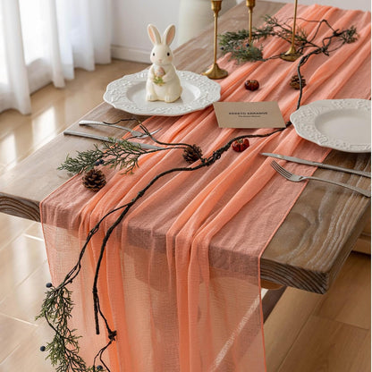 Keketoarrange Fresh Salmon Cheesecloth Table Runner Boho Decor Peach Echo Gauze 120 Inch 10 FT Boho Table Runner for Wedding Baby Shower Bridal Shower Party Sheer Centerpiece Summer Home Decorations