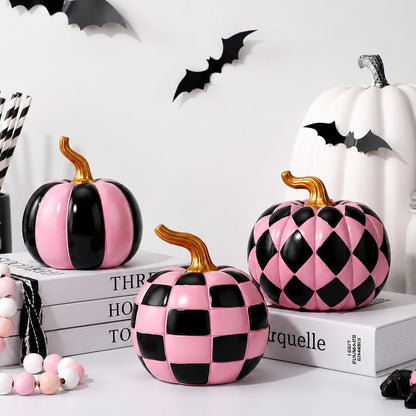 3 Pcs Halloween Pink Black Checkered Resin Pumpkin for Home