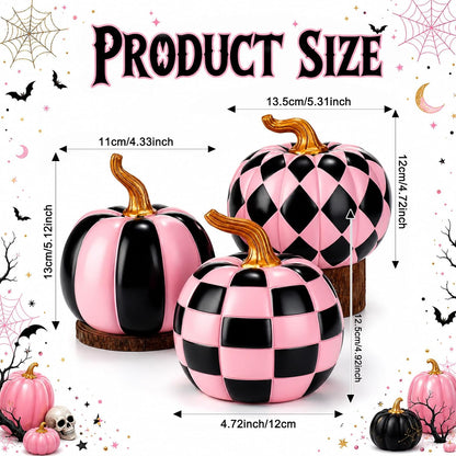 3 Pcs Halloween Pink Black Checkered Resin Pumpkin for Home