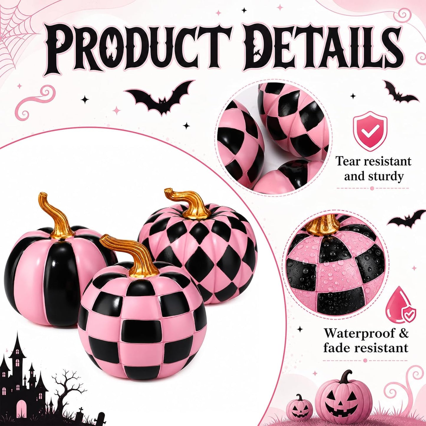 3 Pcs Halloween Pink Black Checkered Resin Pumpkin for Home