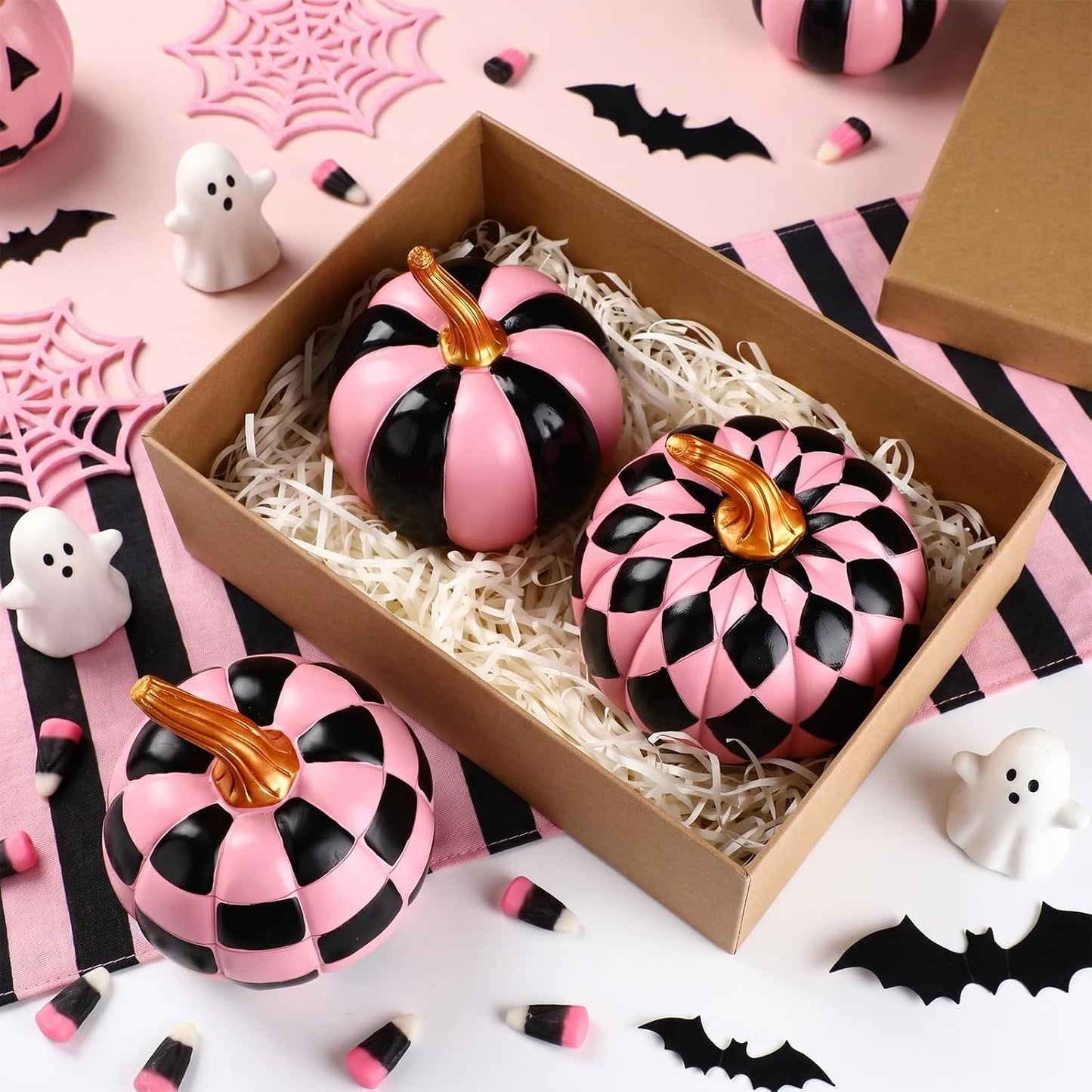 3 Pcs Halloween Pink Black Checkered Resin Pumpkin for Home