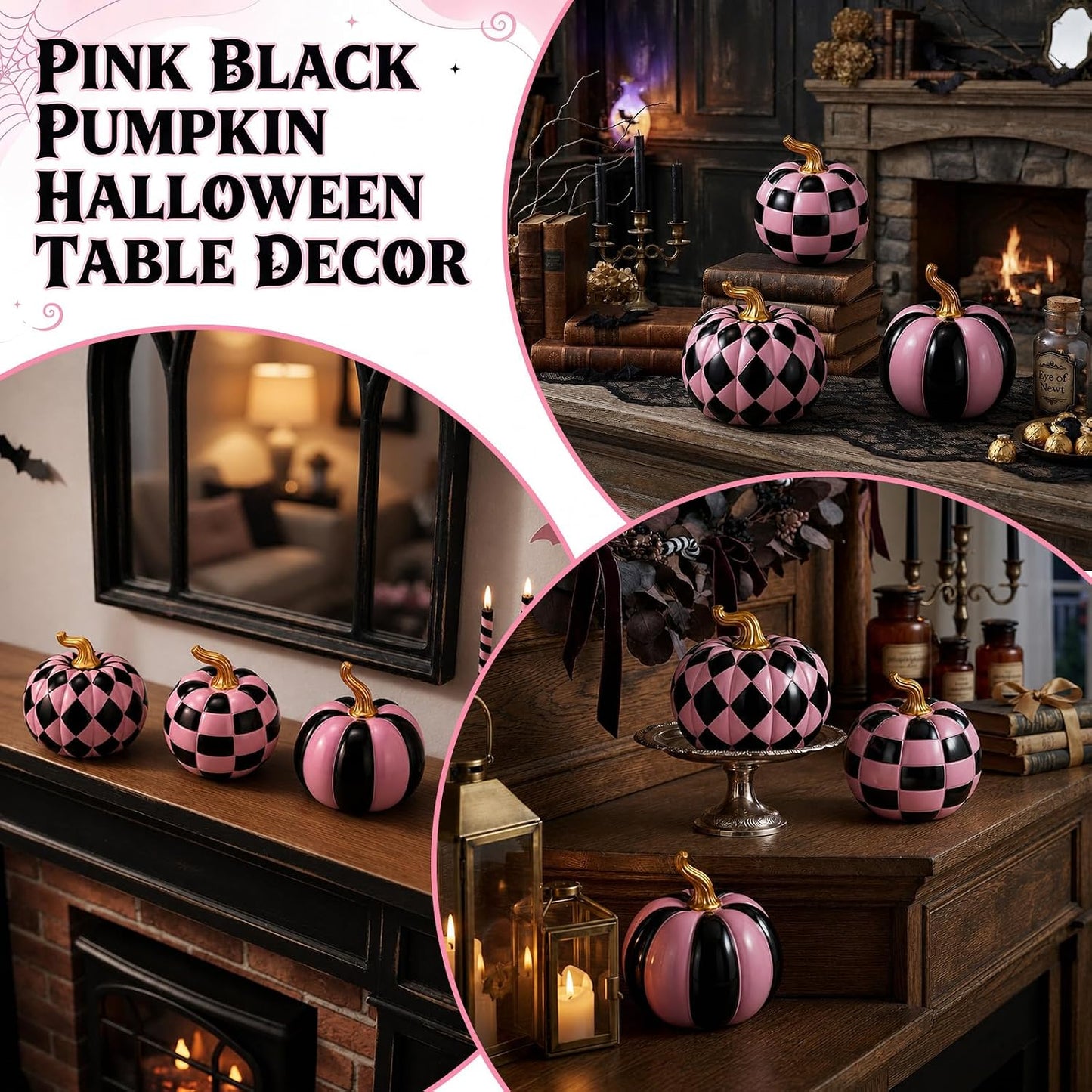 3 Pcs Halloween Pink Black Checkered Resin Pumpkin for Home