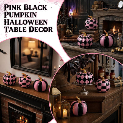 3 Pcs Halloween Pink Black Checkered Resin Pumpkin for Home