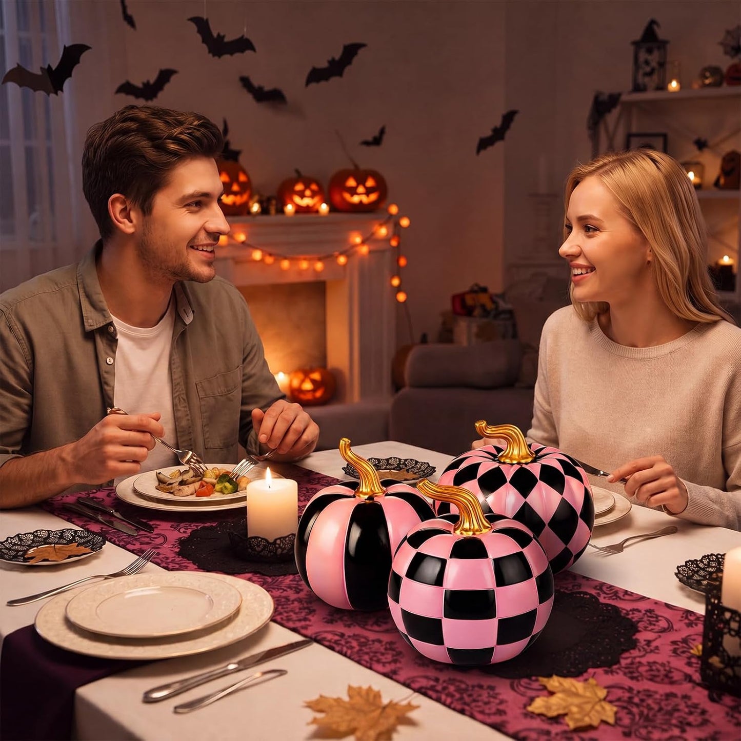 3 Pcs Halloween Pink Black Checkered Resin Pumpkin for Home