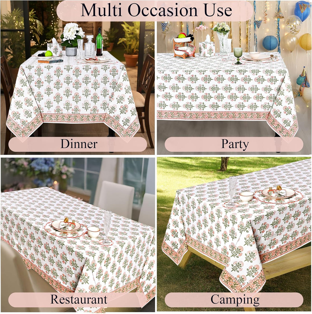 Mughal Buta Peach Hand Block Print Cotton Tablecloth 102 x 48 Inch