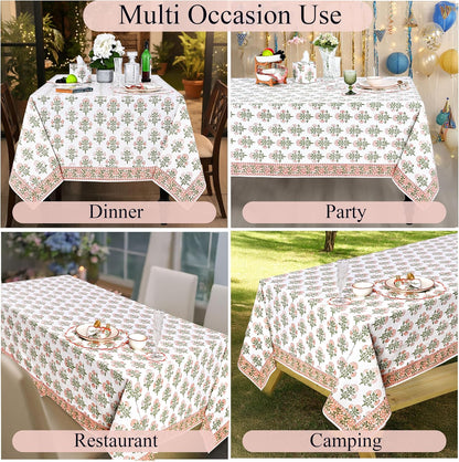 Mughal Buta Peach Hand Block Print Cotton Tablecloth 102 x 48 Inch