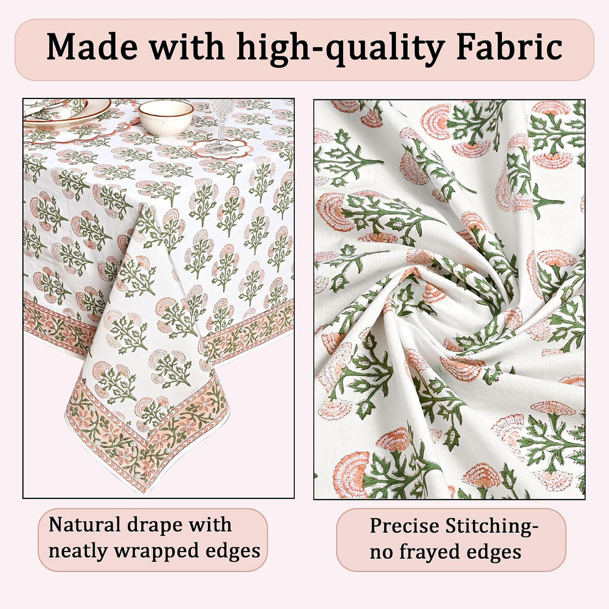 Mughal Buta Peach Hand Block Print Cotton Tablecloth 102 x 48 Inch