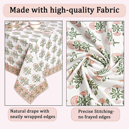 Mughal Buta Peach Hand Block Print Cotton Tablecloth 102 x 48 Inch