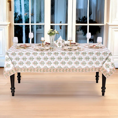 Mughal Buta Peach Hand Block Print Cotton Tablecloth 102 x 48 Inch
