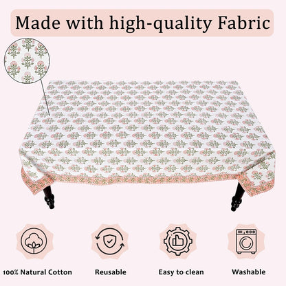 Mughal Buta Peach Hand Block Print Cotton Tablecloth 102 x 48 Inch