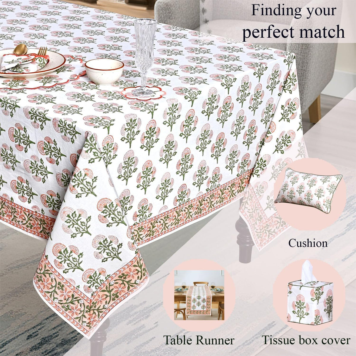 Mughal Buta Peach Hand Block Print Cotton Tablecloth 102 x 48 Inch